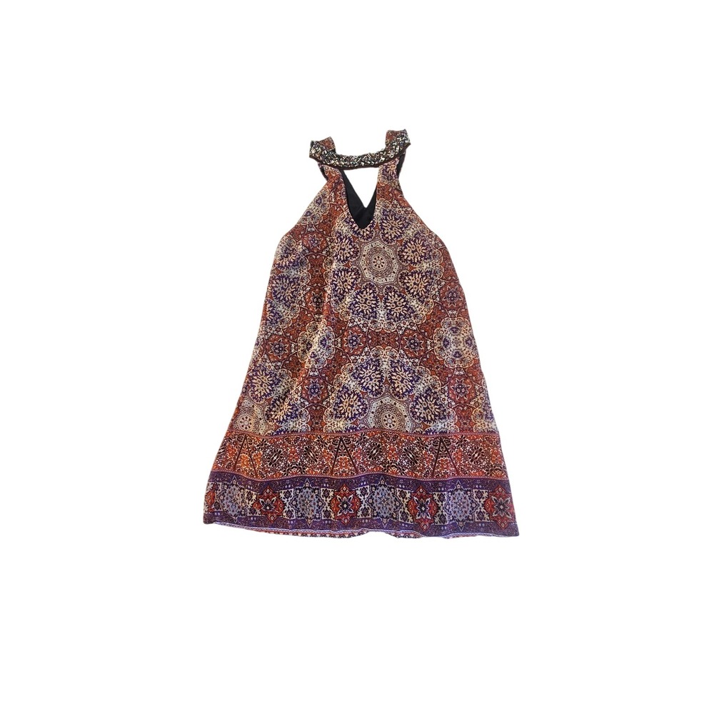Speechless Womens Boho Beaded Halter Neck Mandala Print Mini Dress OrangePurple
